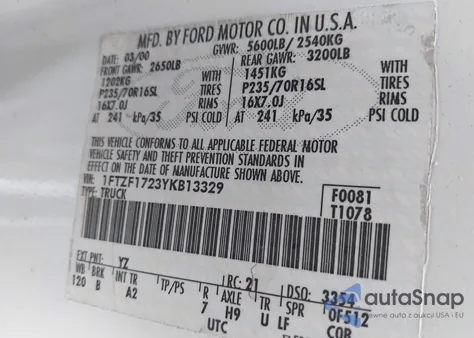 2000 Ford F-150 Work Series/Xl/Xlt из США, поврежденный, VIN 1FTZF1723YKB13329